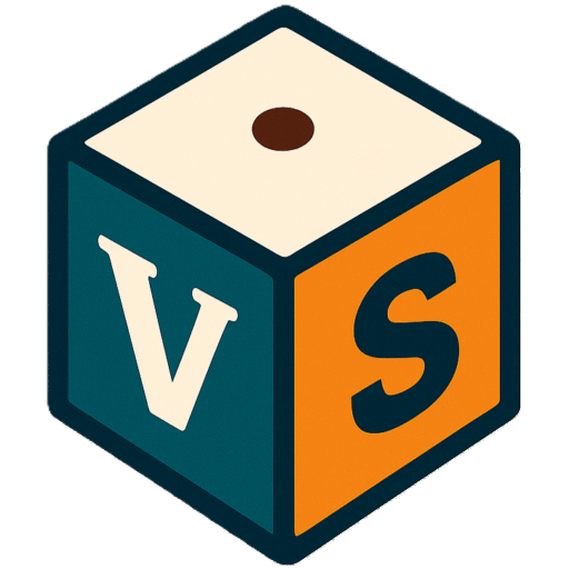 Bordspellen Vught. Zeszijdige dobbelsteen met de letters V en S, voor Vughtse Spellenclub